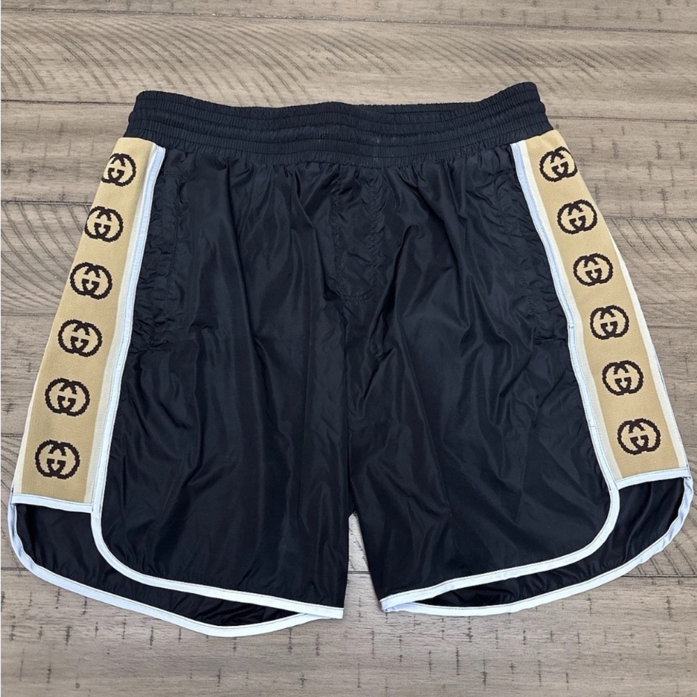 Gucci Black and Tan Athletic Shorts with GG Logo